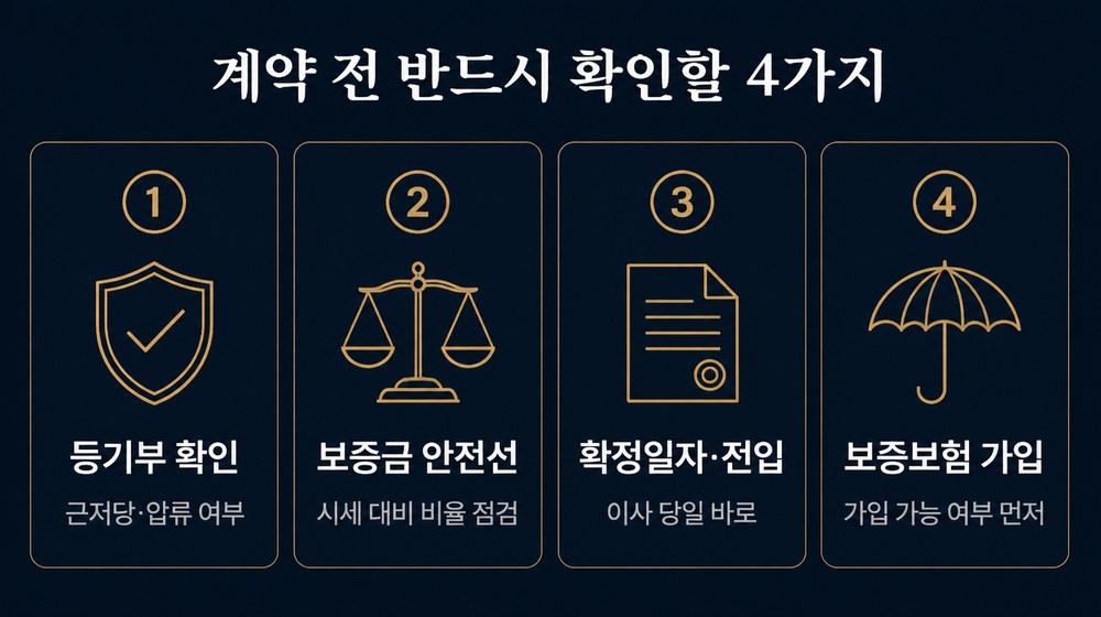 등기부 근저당·압류 확인, 보증금 안전선 점검, 이사 당일 확정일자·전입신고, 보증보험 가입 가능 여부 확인